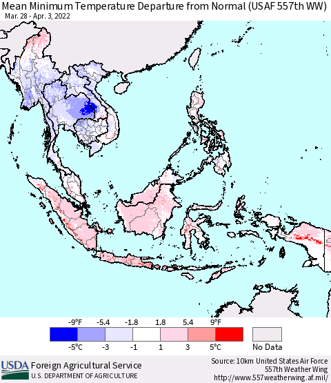 South East Asia Mean Minimum Temperature Departure from Normal (USAF 557th WW) Thematic Map For 3/28/2022 - 4/3/2022
