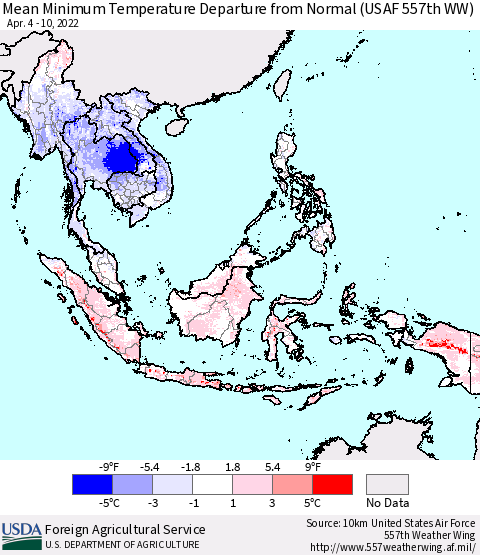 South East Asia Mean Minimum Temperature Departure from Normal (USAF 557th WW) Thematic Map For 4/4/2022 - 4/10/2022