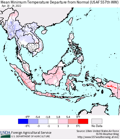 South East Asia Mean Minimum Temperature Departure from Normal (USAF 557th WW) Thematic Map For 4/18/2022 - 4/24/2022