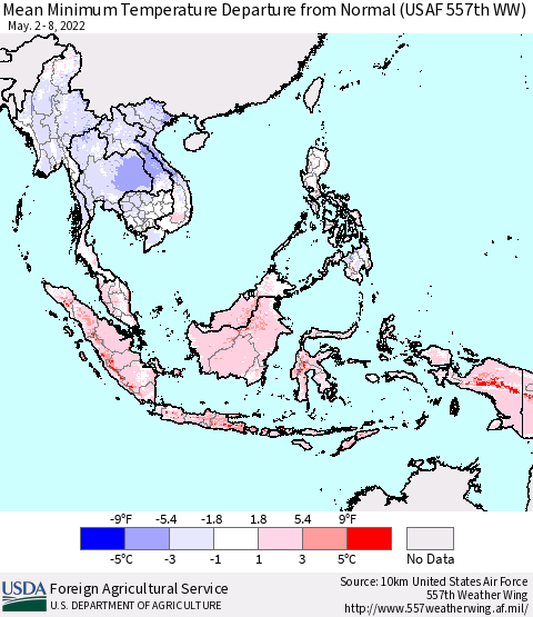 South East Asia Mean Minimum Temperature Departure from Normal (USAF 557th WW) Thematic Map For 5/2/2022 - 5/8/2022