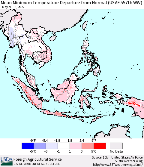 South East Asia Mean Minimum Temperature Departure from Normal (USAF 557th WW) Thematic Map For 5/9/2022 - 5/15/2022