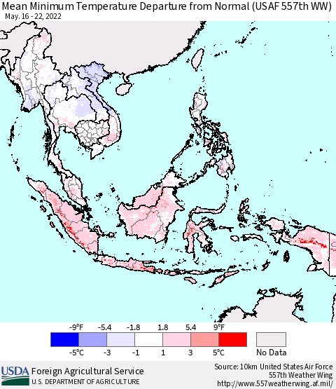 South East Asia Mean Minimum Temperature Departure from Normal (USAF 557th WW) Thematic Map For 5/16/2022 - 5/22/2022