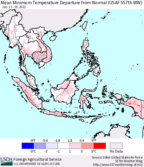South East Asia Mean Minimum Temperature Departure from Normal (USAF 557th WW) Thematic Map For 6/13/2022 - 6/19/2022