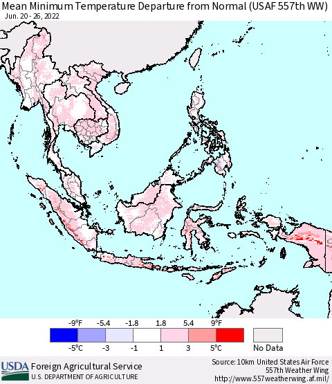 South East Asia Mean Minimum Temperature Departure from Normal (USAF 557th WW) Thematic Map For 6/20/2022 - 6/26/2022