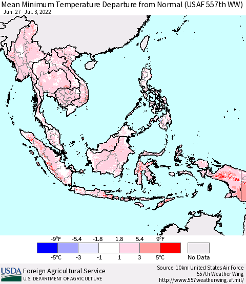 South East Asia Mean Minimum Temperature Departure from Normal (USAF 557th WW) Thematic Map For 6/27/2022 - 7/3/2022