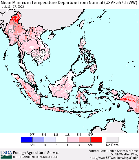 South East Asia Mean Minimum Temperature Departure from Normal (USAF 557th WW) Thematic Map For 7/11/2022 - 7/17/2022