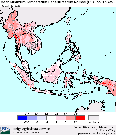 South East Asia Mean Minimum Temperature Departure from Normal (USAF 557th WW) Thematic Map For 7/25/2022 - 7/31/2022