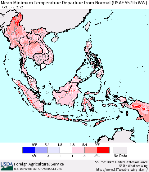 South East Asia Mean Minimum Temperature Departure from Normal (USAF 557th WW) Thematic Map For 10/3/2022 - 10/9/2022