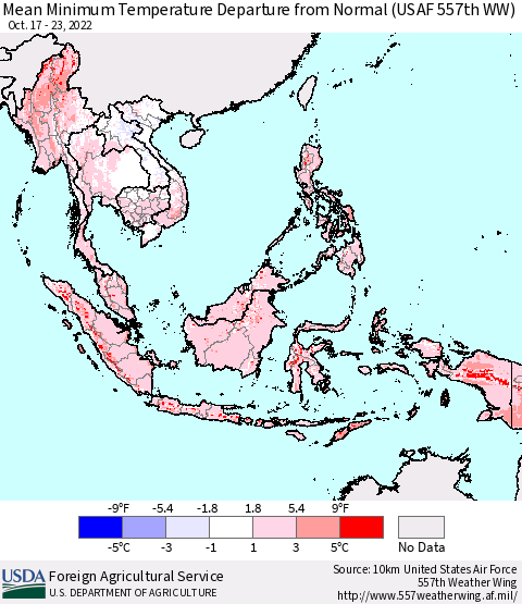 South East Asia Mean Minimum Temperature Departure from Normal (USAF 557th WW) Thematic Map For 10/17/2022 - 10/23/2022