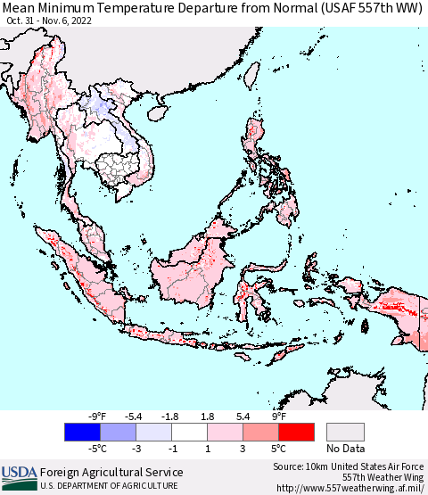 South East Asia Mean Minimum Temperature Departure from Normal (USAF 557th WW) Thematic Map For 10/31/2022 - 11/6/2022