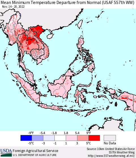 South East Asia Mean Minimum Temperature Departure from Normal (USAF 557th WW) Thematic Map For 11/14/2022 - 11/20/2022