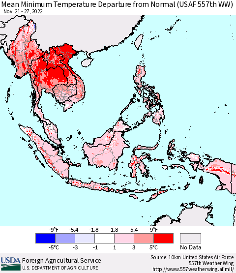 South East Asia Mean Minimum Temperature Departure from Normal (USAF 557th WW) Thematic Map For 11/21/2022 - 11/27/2022