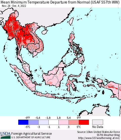 South East Asia Mean Minimum Temperature Departure from Normal (USAF 557th WW) Thematic Map For 11/28/2022 - 12/4/2022