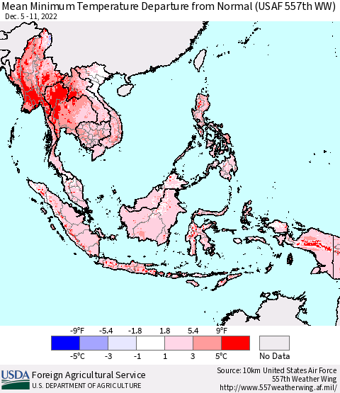 South East Asia Mean Minimum Temperature Departure from Normal (USAF 557th WW) Thematic Map For 12/5/2022 - 12/11/2022
