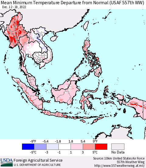 South East Asia Mean Minimum Temperature Departure from Normal (USAF 557th WW) Thematic Map For 12/12/2022 - 12/18/2022
