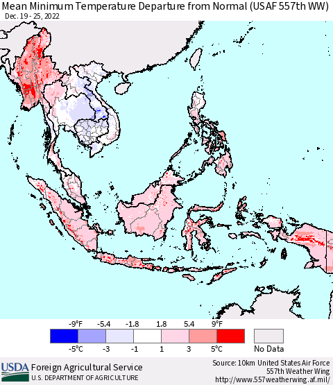 South East Asia Mean Minimum Temperature Departure from Normal (USAF 557th WW) Thematic Map For 12/19/2022 - 12/25/2022