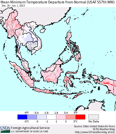 South East Asia Mean Minimum Temperature Departure from Normal (USAF 557th WW) Thematic Map For 12/26/2022 - 1/1/2023