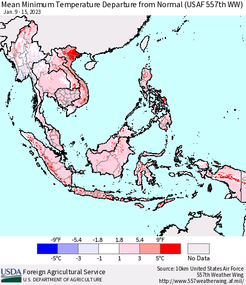 South East Asia Mean Minimum Temperature Departure from Normal (USAF 557th WW) Thematic Map For 1/9/2023 - 1/15/2023