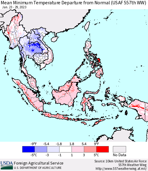 South East Asia Mean Minimum Temperature Departure from Normal (USAF 557th WW) Thematic Map For 1/23/2023 - 1/29/2023
