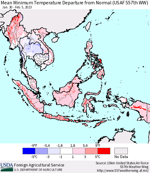 South East Asia Mean Minimum Temperature Departure from Normal (USAF 557th WW) Thematic Map For 1/30/2023 - 2/5/2023