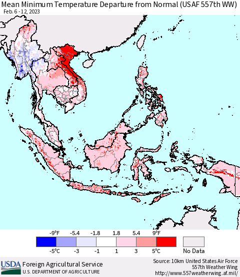 South East Asia Mean Minimum Temperature Departure from Normal (USAF 557th WW) Thematic Map For 2/6/2023 - 2/12/2023