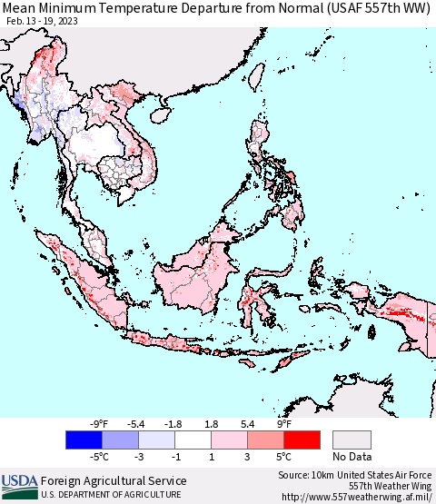 South East Asia Mean Minimum Temperature Departure from Normal (USAF 557th WW) Thematic Map For 2/13/2023 - 2/19/2023