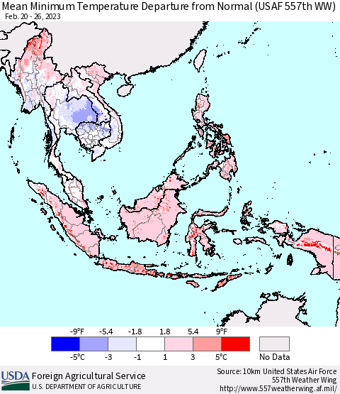 South East Asia Mean Minimum Temperature Departure from Normal (USAF 557th WW) Thematic Map For 2/20/2023 - 2/26/2023