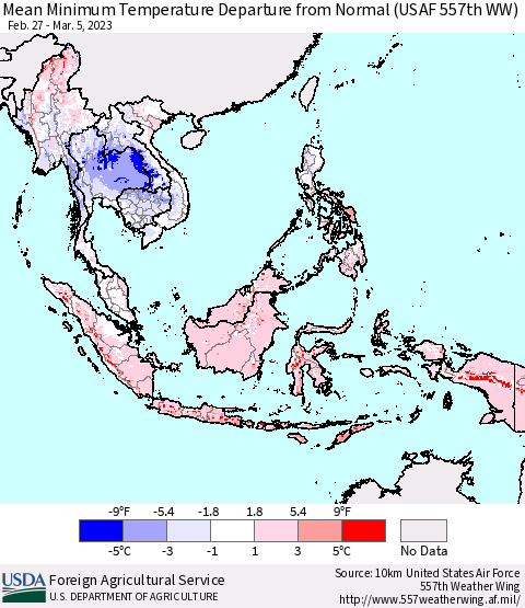 South East Asia Mean Minimum Temperature Departure from Normal (USAF 557th WW) Thematic Map For 2/27/2023 - 3/5/2023