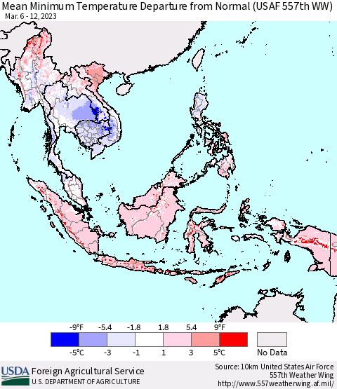 South East Asia Mean Minimum Temperature Departure from Normal (USAF 557th WW) Thematic Map For 3/6/2023 - 3/12/2023