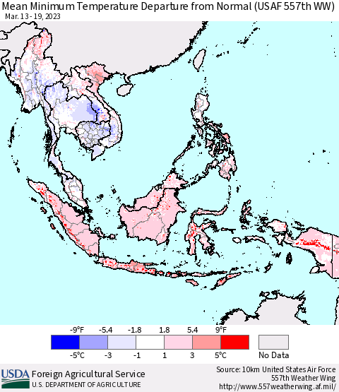 South East Asia Mean Minimum Temperature Departure from Normal (USAF 557th WW) Thematic Map For 3/13/2023 - 3/19/2023
