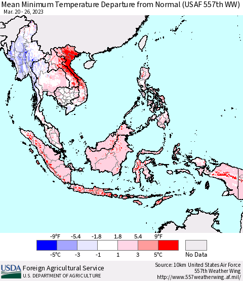 South East Asia Mean Minimum Temperature Departure from Normal (USAF 557th WW) Thematic Map For 3/20/2023 - 3/26/2023