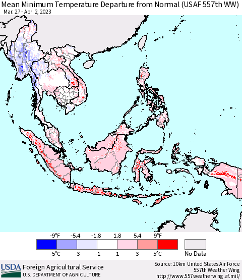 South East Asia Mean Minimum Temperature Departure from Normal (USAF 557th WW) Thematic Map For 3/27/2023 - 4/2/2023