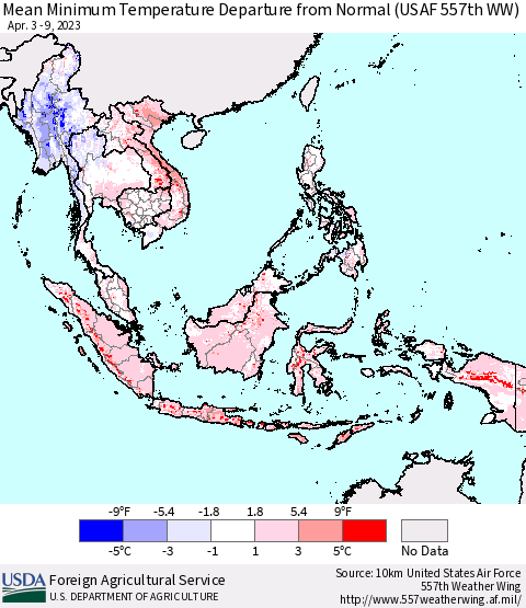 South East Asia Mean Minimum Temperature Departure from Normal (USAF 557th WW) Thematic Map For 4/3/2023 - 4/9/2023