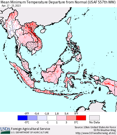 South East Asia Mean Minimum Temperature Departure from Normal (USAF 557th WW) Thematic Map For 4/17/2023 - 4/23/2023