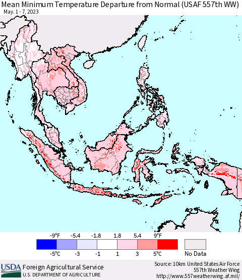 South East Asia Mean Minimum Temperature Departure from Normal (USAF 557th WW) Thematic Map For 5/1/2023 - 5/7/2023