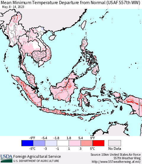 South East Asia Mean Minimum Temperature Departure from Normal (USAF 557th WW) Thematic Map For 5/8/2023 - 5/14/2023