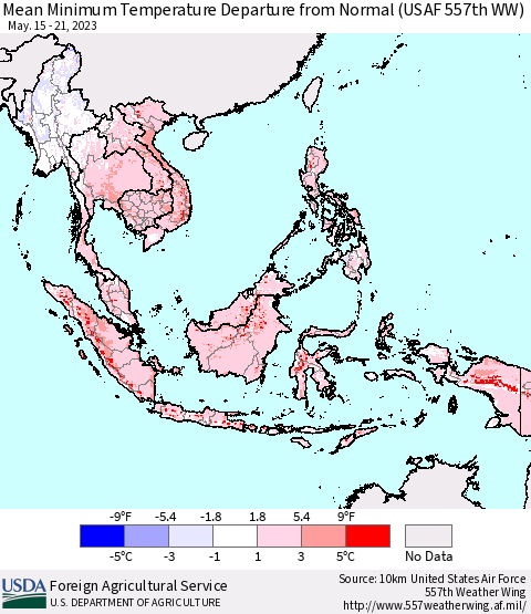 South East Asia Mean Minimum Temperature Departure from Normal (USAF 557th WW) Thematic Map For 5/15/2023 - 5/21/2023
