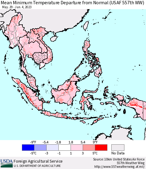 South East Asia Mean Minimum Temperature Departure from Normal (USAF 557th WW) Thematic Map For 5/29/2023 - 6/4/2023