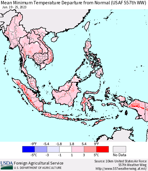 South East Asia Mean Minimum Temperature Departure from Normal (USAF 557th WW) Thematic Map For 6/19/2023 - 6/25/2023