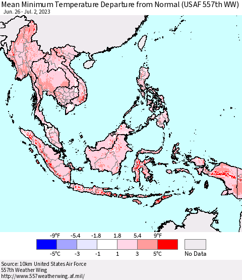 South East Asia Mean Minimum Temperature Departure from Normal (USAF 557th WW) Thematic Map For 6/26/2023 - 7/2/2023