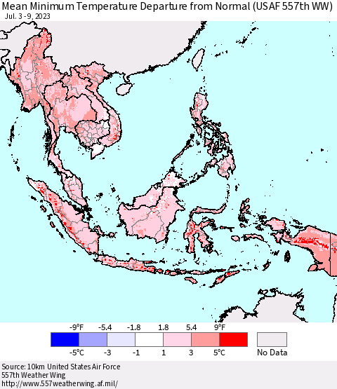 South East Asia Mean Minimum Temperature Departure from Normal (USAF 557th WW) Thematic Map For 7/3/2023 - 7/9/2023