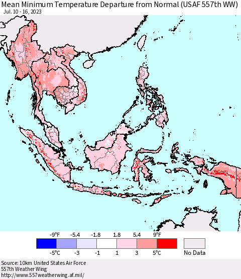 South East Asia Mean Minimum Temperature Departure from Normal (USAF 557th WW) Thematic Map For 7/10/2023 - 7/16/2023