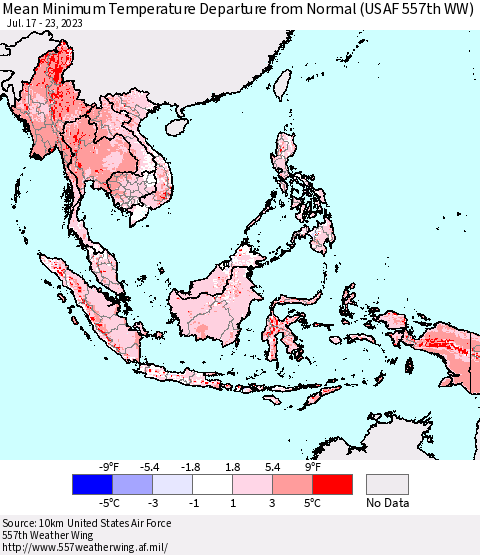 South East Asia Mean Minimum Temperature Departure from Normal (USAF 557th WW) Thematic Map For 7/17/2023 - 7/23/2023