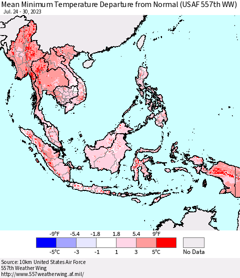 South East Asia Mean Minimum Temperature Departure from Normal (USAF 557th WW) Thematic Map For 7/24/2023 - 7/30/2023