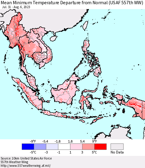 South East Asia Mean Minimum Temperature Departure from Normal (USAF 557th WW) Thematic Map For 7/31/2023 - 8/6/2023