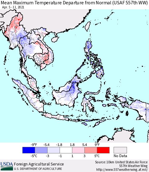 South East Asia Mean Maximum Temperature Departure from Normal (USAF 557th WW) Thematic Map For 4/5/2021 - 4/11/2021