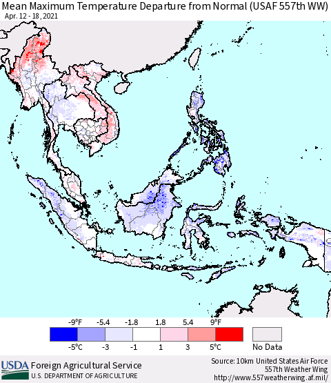 South East Asia Mean Maximum Temperature Departure from Normal (USAF 557th WW) Thematic Map For 4/12/2021 - 4/18/2021