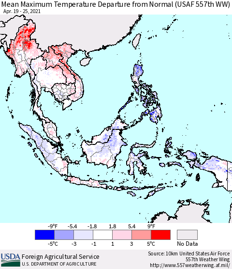 South East Asia Mean Maximum Temperature Departure from Normal (USAF 557th WW) Thematic Map For 4/19/2021 - 4/25/2021
