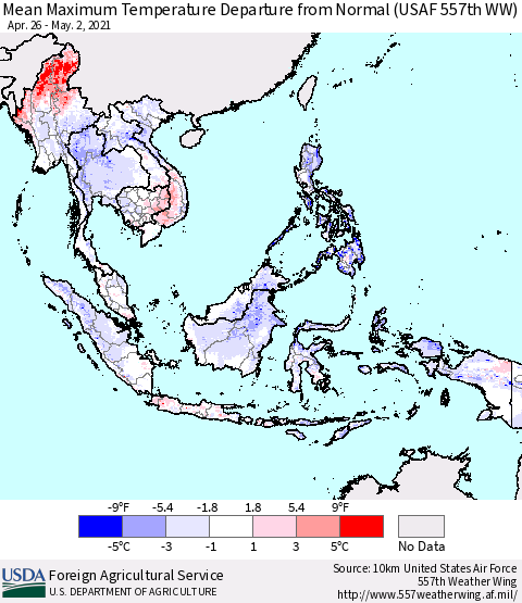 South East Asia Mean Maximum Temperature Departure from Normal (USAF 557th WW) Thematic Map For 4/26/2021 - 5/2/2021