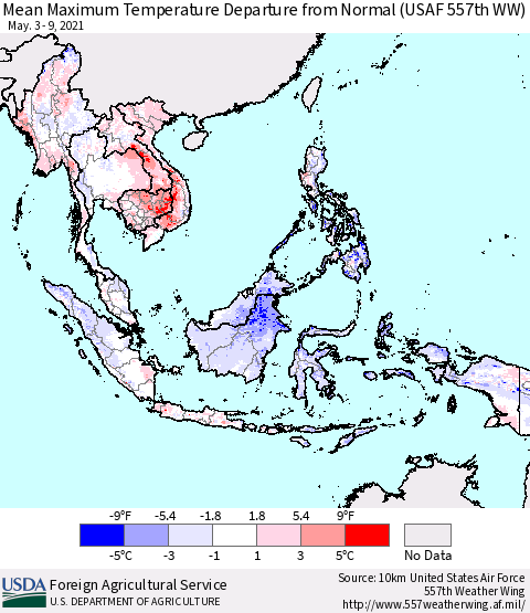 South East Asia Mean Maximum Temperature Departure from Normal (USAF 557th WW) Thematic Map For 5/3/2021 - 5/9/2021